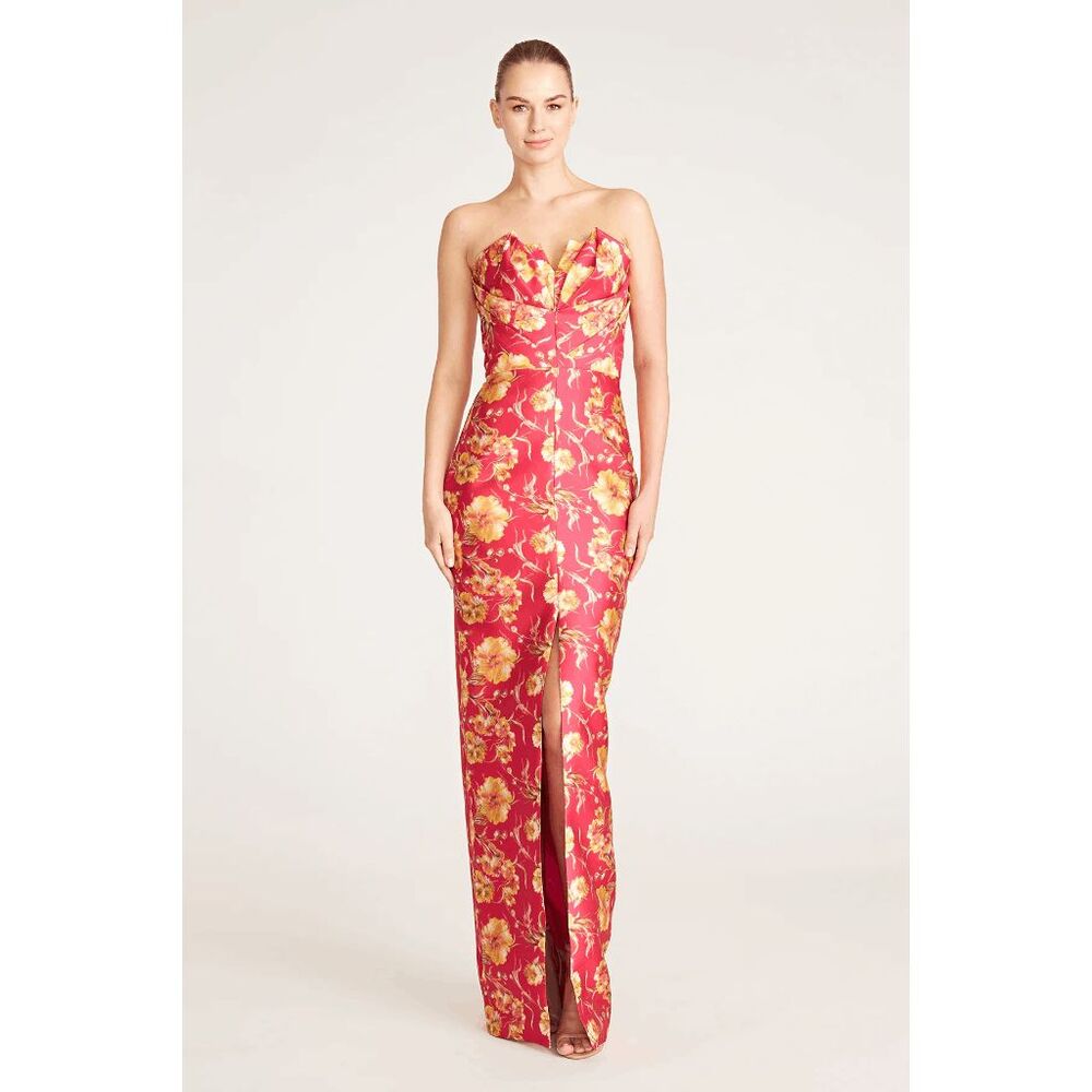 Theia Strapless Red Floral Gown with Gold Accents